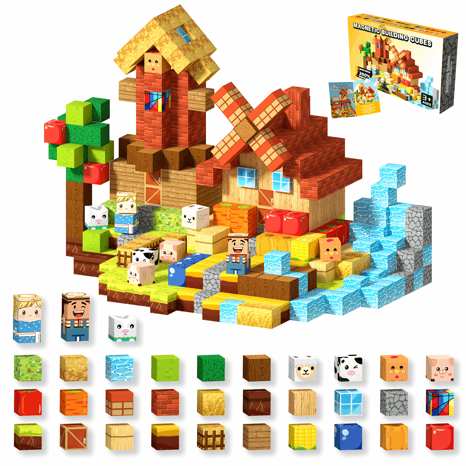 Happy Farm - 100/150 PCS Magnetic Building Blocks Cubes, Magnet Toys for Kids Age 3+, Toy Building Set for Kids, Magnets Stacking Construction Birthday Gifts for Boys Girls Age 4-8, 8-12