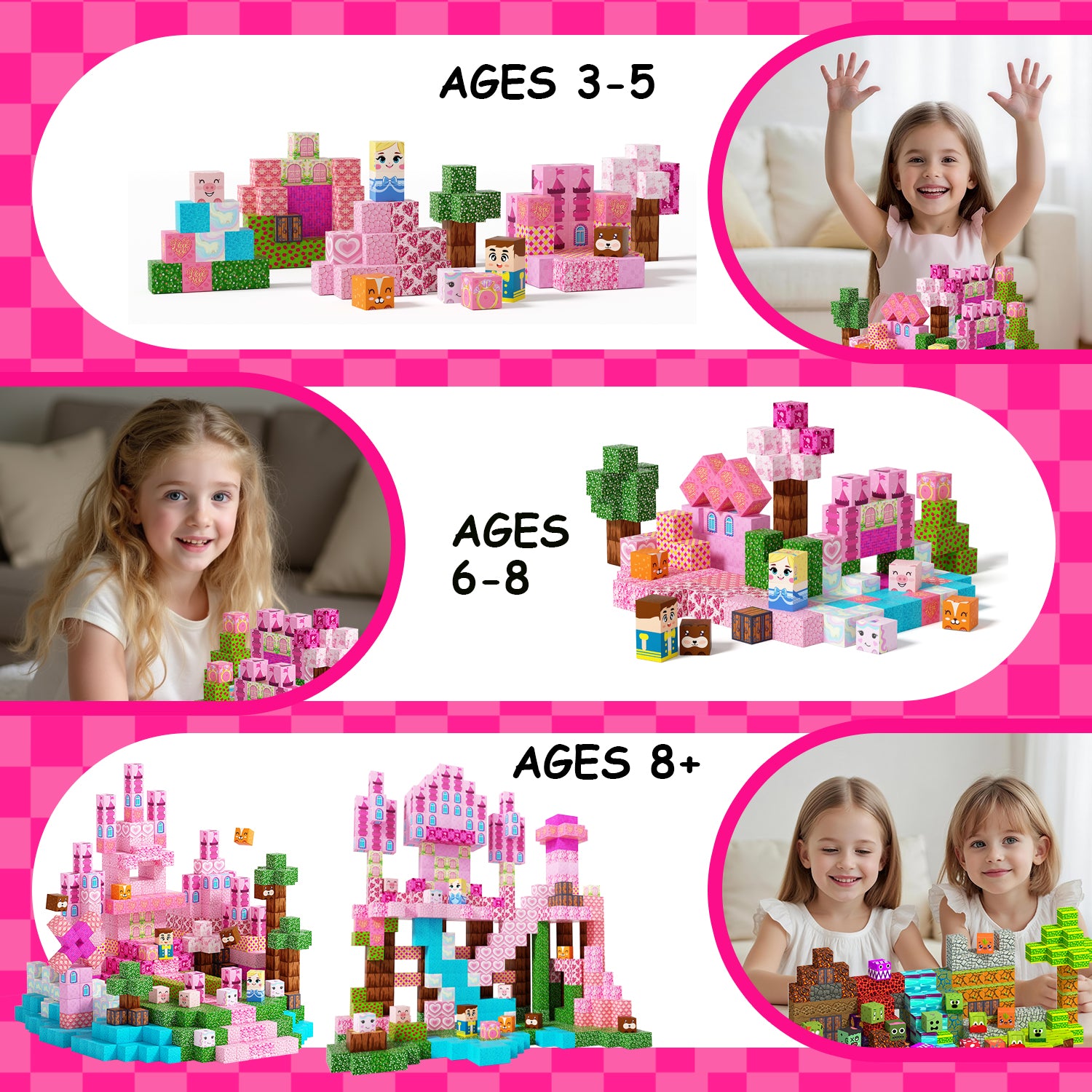 【Pink Princess Castle】- 100/150 PCS Magnetic Building Blocks Cubes, Magnet Toys for Kids Age 3+, Toy Building Set for Kids, Magnets Stacking Construction Toys Birthday Gifts for Boys Girls Age 4-8, 8-12