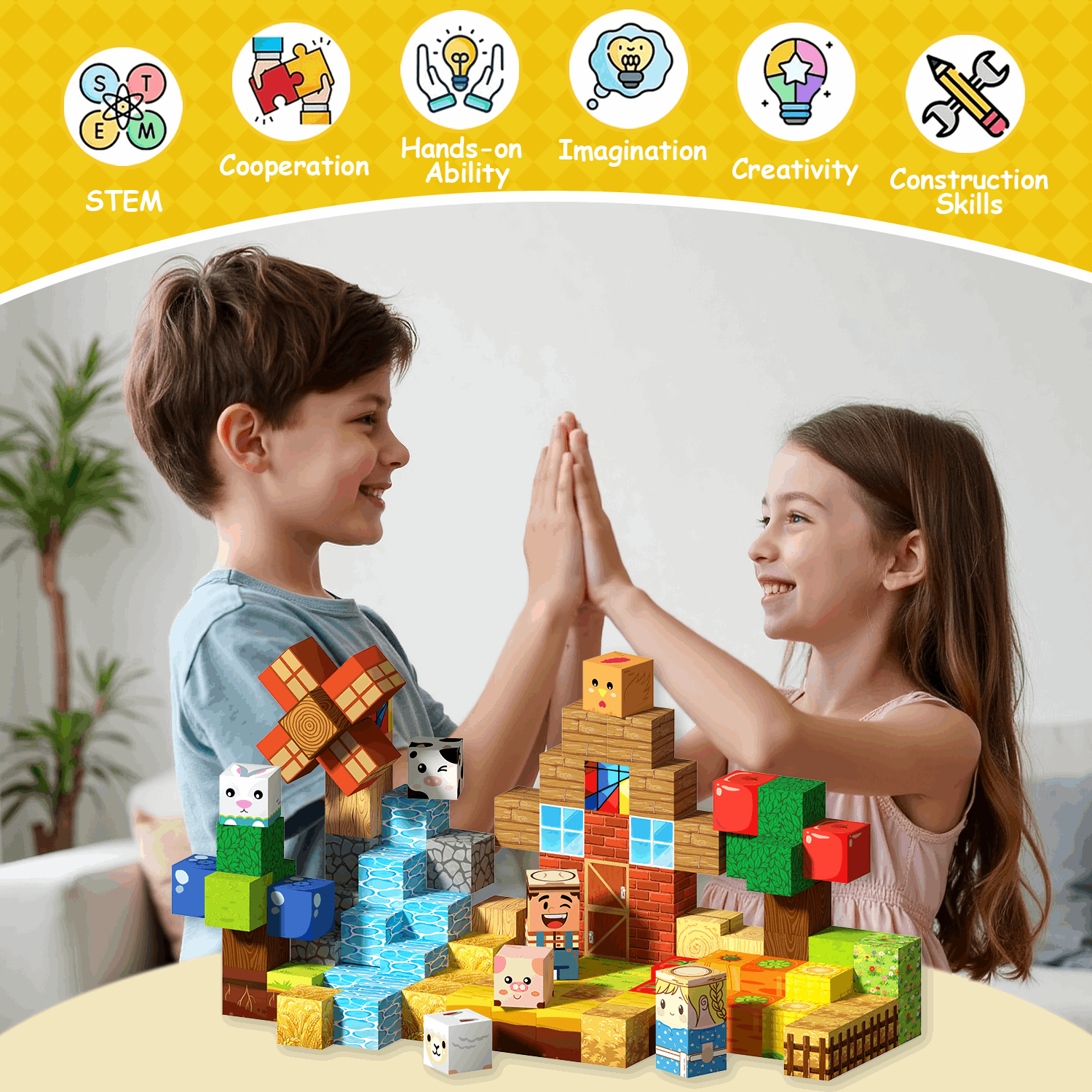 Happy Farm - 100/150 PCS Magnetic Building Blocks Cubes, Magnet Toys for Kids Age 3+, Toy Building Set for Kids, Magnets Stacking Construction Birthday Gifts for Boys Girls Age 4-8, 8-12