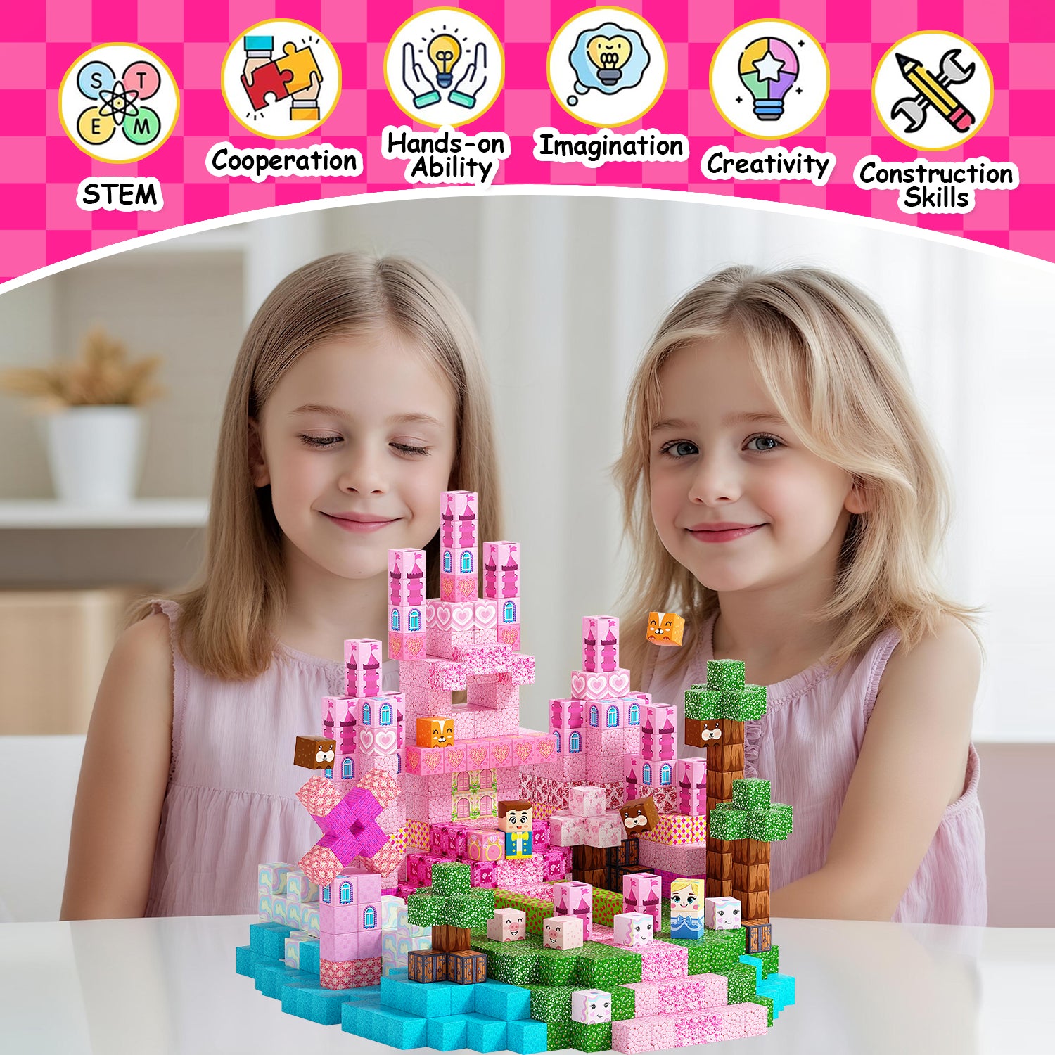 【Pink Princess Castle】- 100/150 PCS Magnetic Building Blocks Cubes, Magnet Toys for Kids Age 3+, Toy Building Set for Kids, Magnets Stacking Construction Toys Birthday Gifts for Boys Girls Age 4-8, 8-12